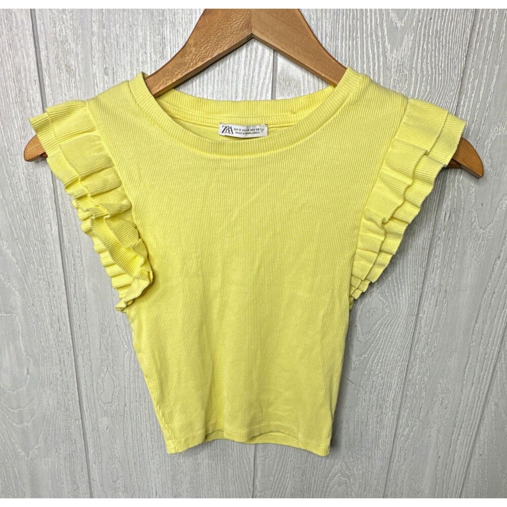Zara Yellow Ribbed Knit Ruffle Tank Top, Crew Neck Pullover, Women’s S